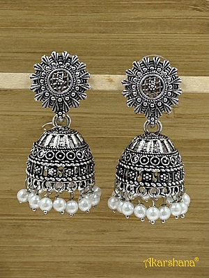 Oxidised Jhumka with White Pearl Drops A1OJ00033
