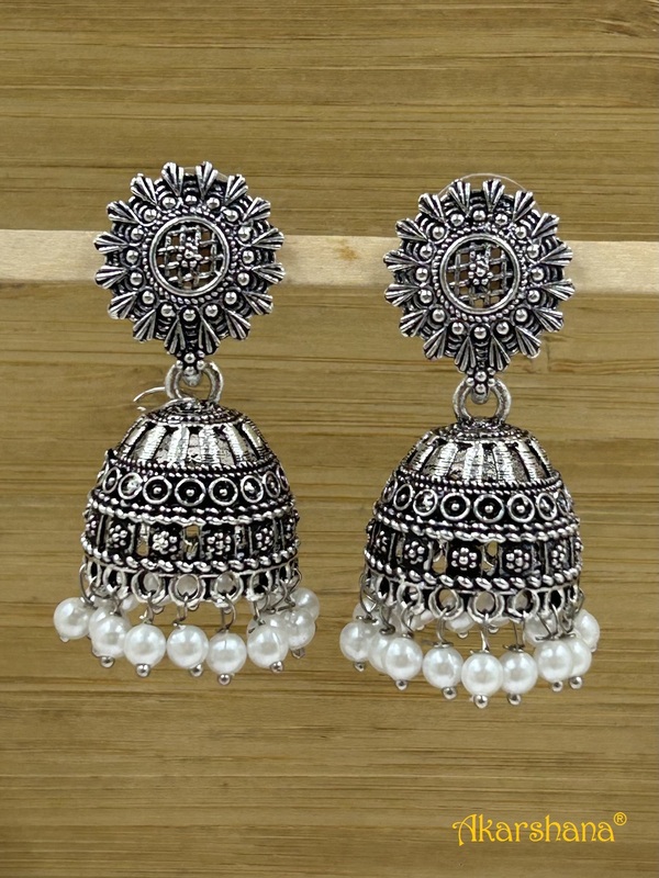 Oxidised Jhumka with White Pearl Drops A1OJ00033 Oxidised Jhumka with White Pearl Drops A1OJ00033