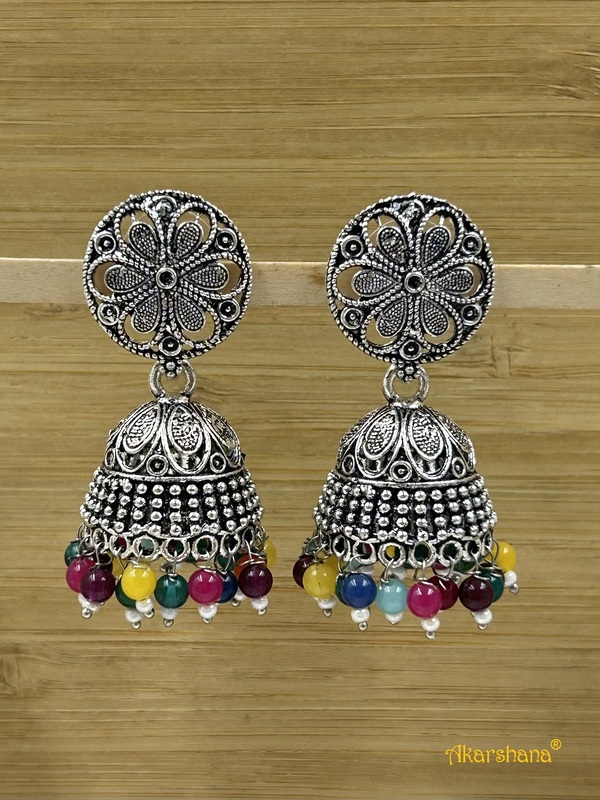 Oxidised Jhumka with Multi Colour Bead Drops A1OJ00036 Oxidised Jhumka with Multi Colour Bead Drops A1OJ00036