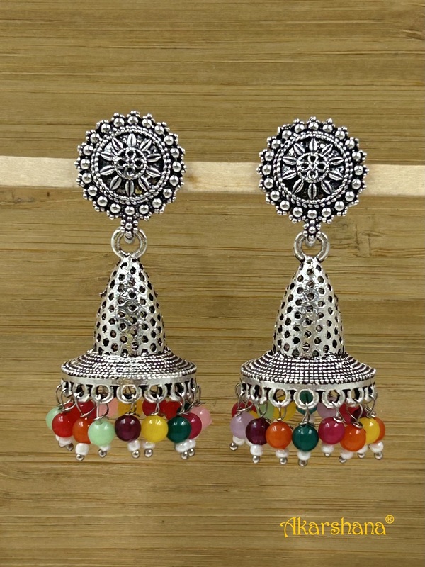 Oxidised Bell Jhumka with Multi Colour Bead Drops A1OJ00038 Oxidised Bell Jhumka with Multi Colour Bead Drops A1OJ00038