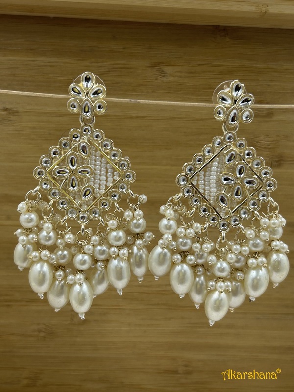 Light Gold Pearl and Kundan Long Dangles A1TJ00023 Light Gold Pearl and Kundan Long Dangles A1TJ00023