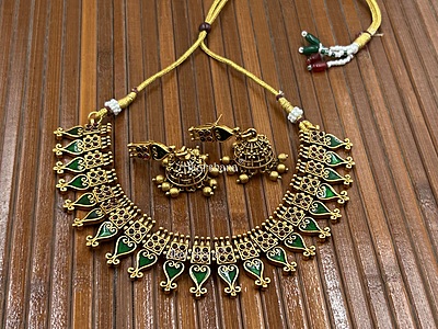 Antique Green Enamel Necklace with Jhumka A1TJ00093 Antique Green Enamel Necklace with Jhumka A1TJ00093