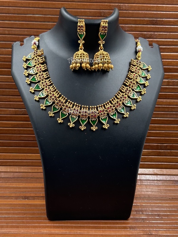 Antique Green Enamel Necklace with Jhumka A1TJ00093 Antique Green Enamel Necklace with Jhumka A1TJ00093